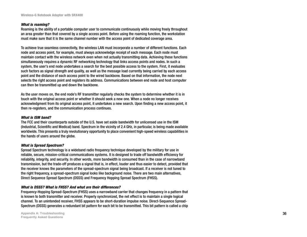 Linksys WPC54GX4 manual What is roaming?, What is ISM band?, What is Spread Spectrum? 
