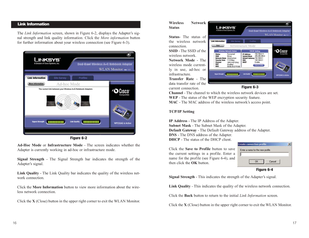 Linksys WPC55AG manual Link Information, Wireless Network Status, TCP/IP Setting 