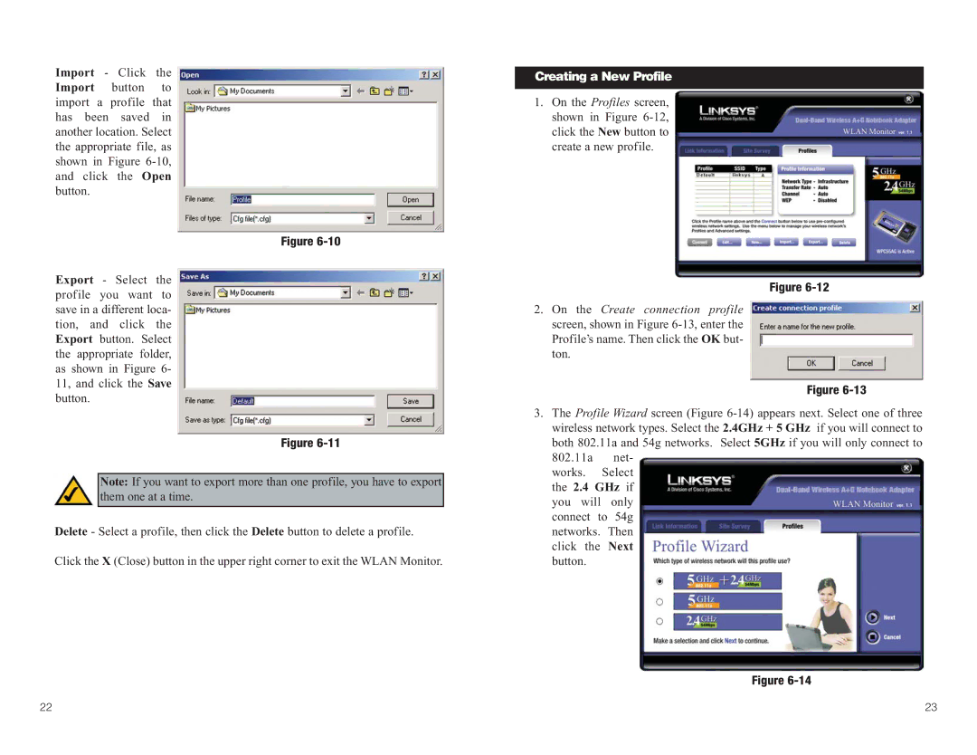 Linksys WPC55AG manual Creating a New Profile 