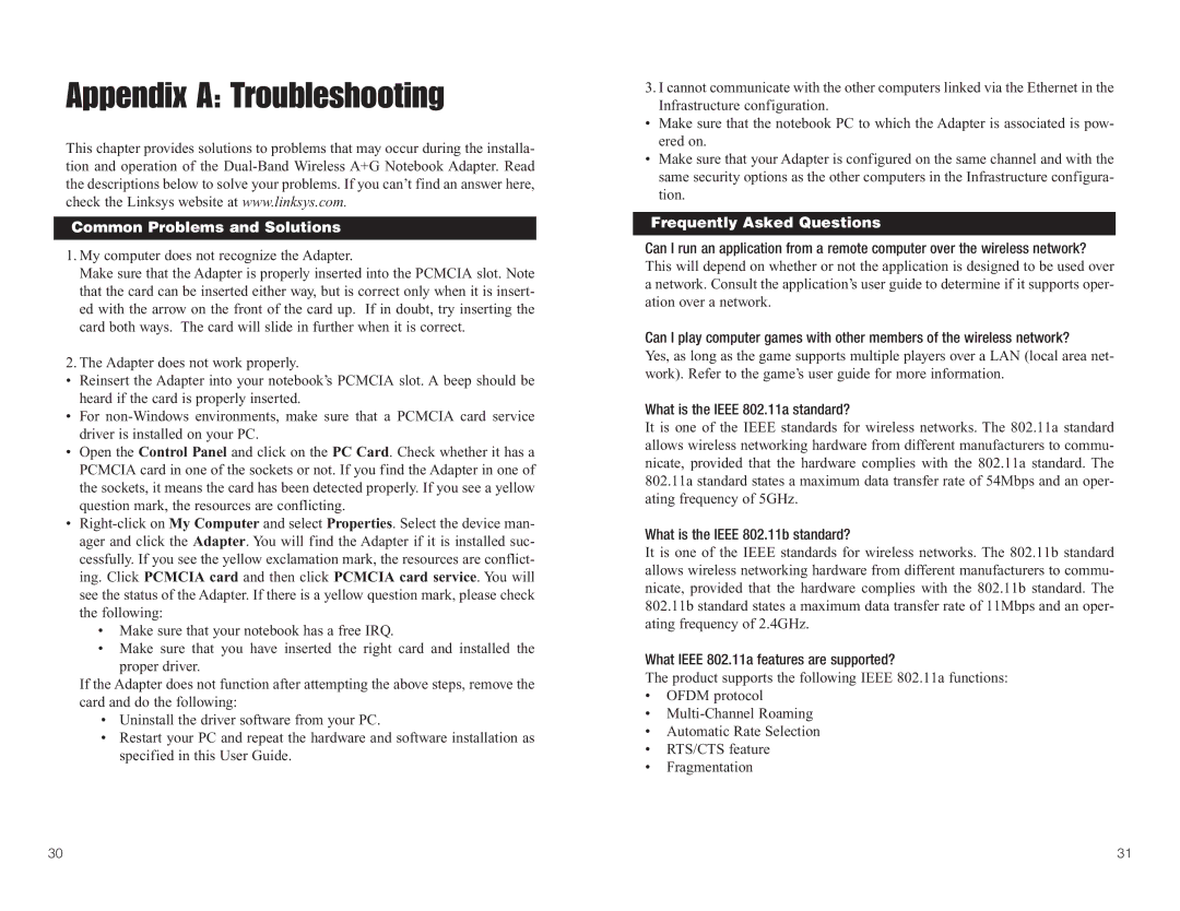 Linksys WPC55AG manual Appendix a Troubleshooting, Common Problems and Solutions, Frequently Asked Questions 