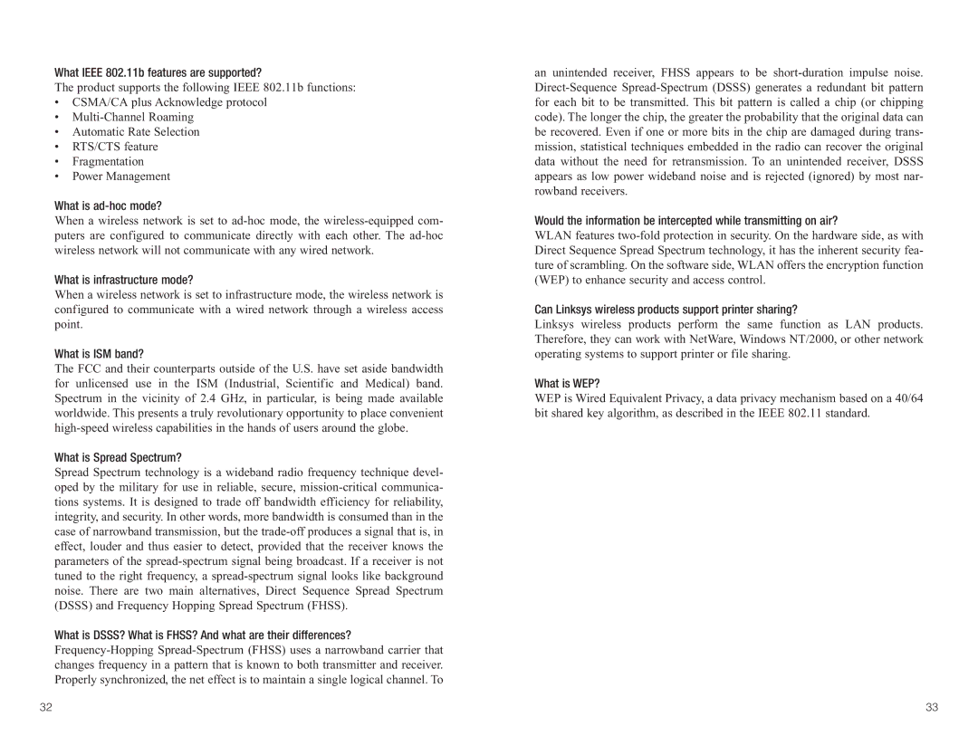 Linksys WPC55AG manual What Ieee 802.11b features are supported? 