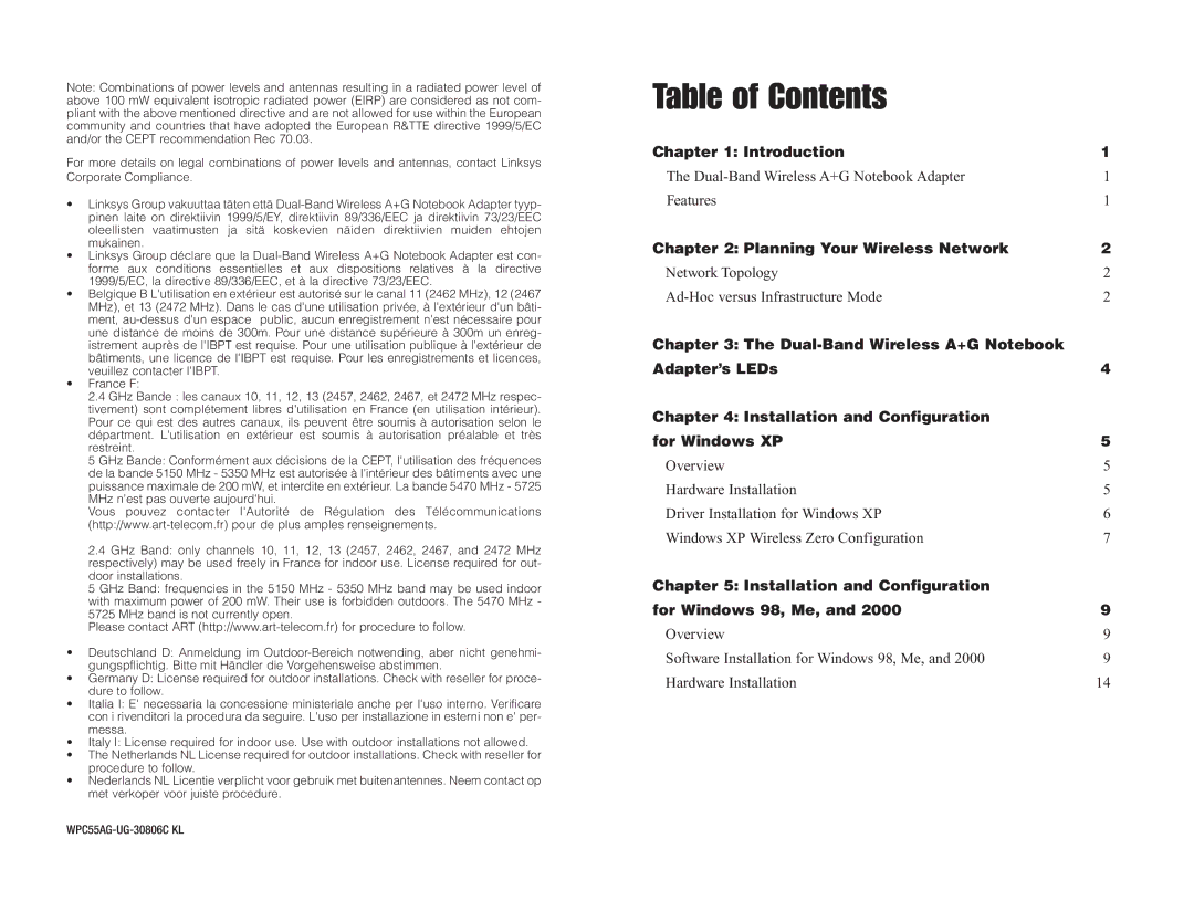 Linksys WPC55AG manual Table of Contents 