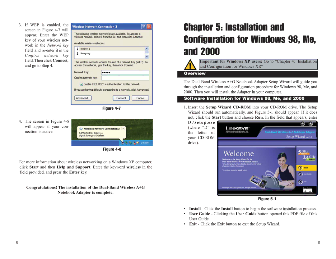 Linksys WPC55AG manual Installation and Configuration for Windows 98, Me, Software Installation for Windows 98, Me 