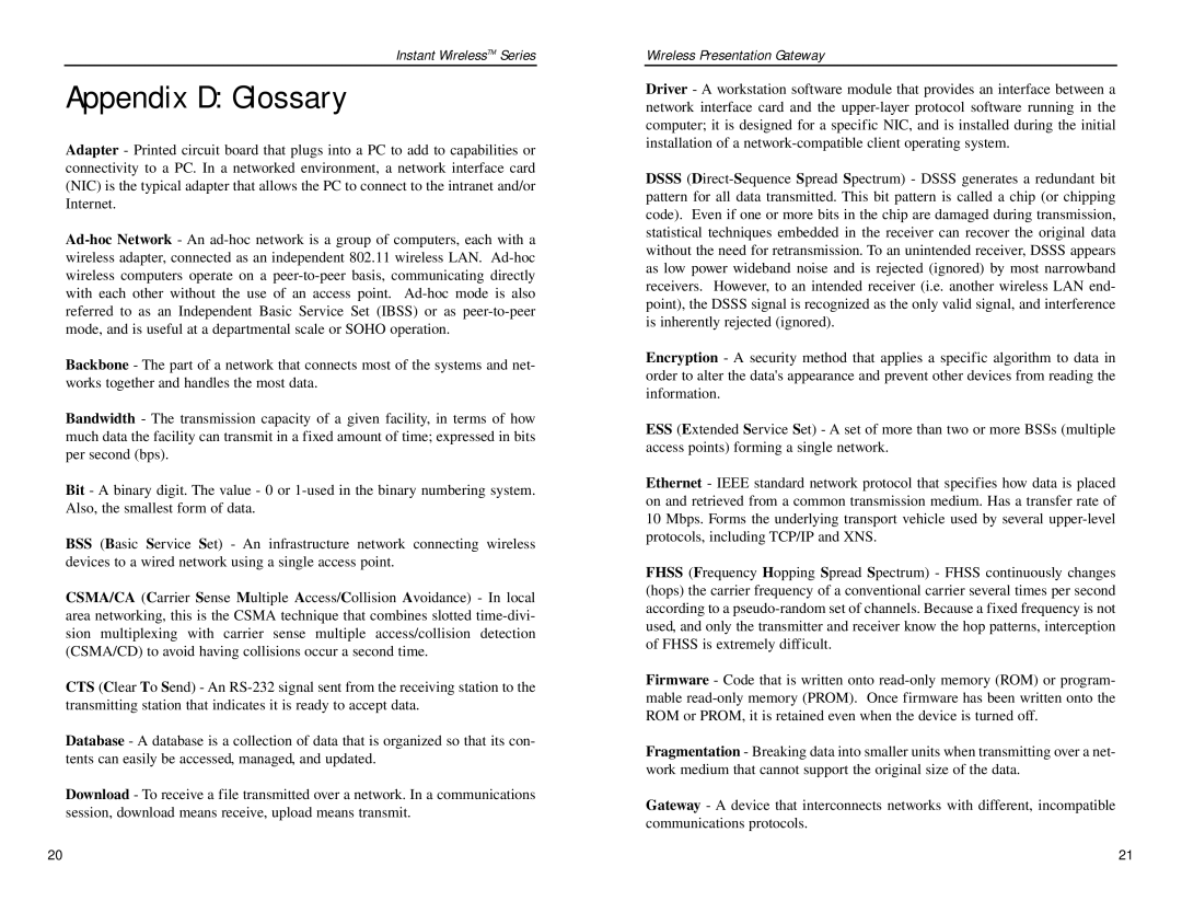 Linksys WPG11 manual Appendix D Glossary 