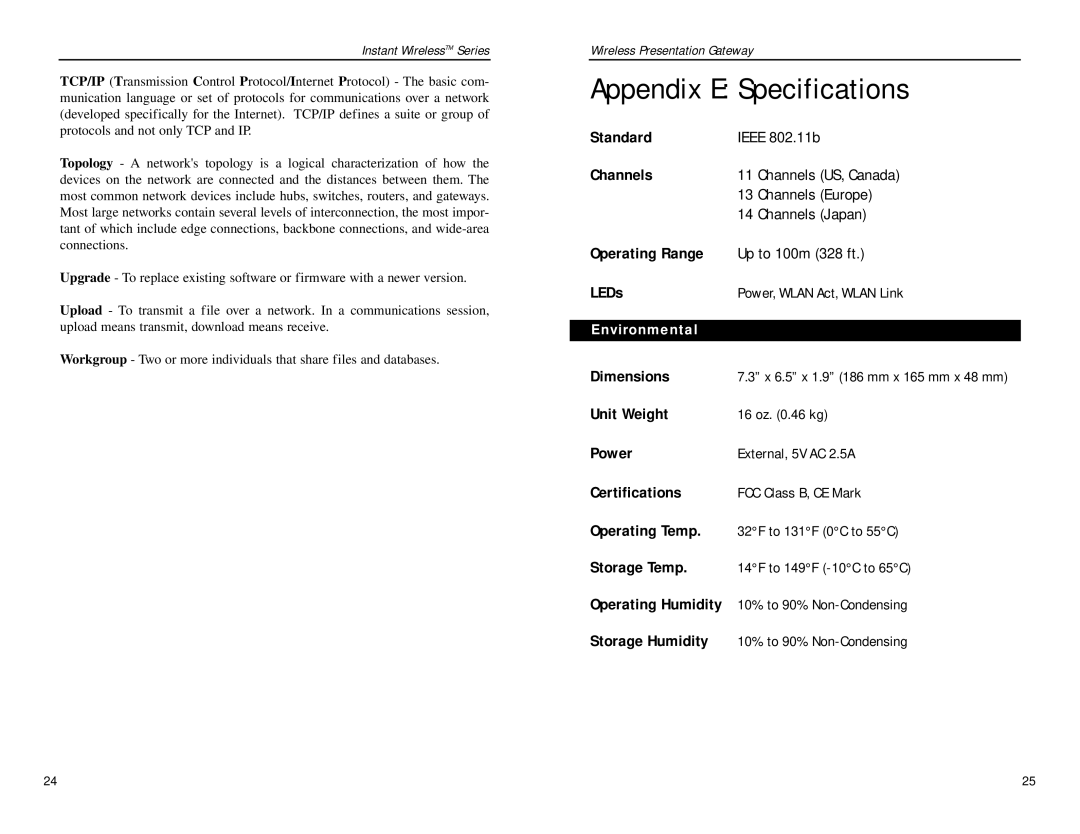 Linksys WPG11 manual Appendix E Specifications, Environmental 