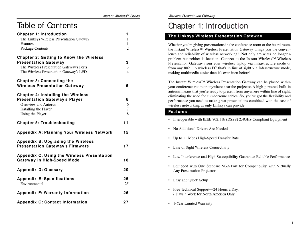 Linksys WPG11 manual Table of Contents, Introduction 