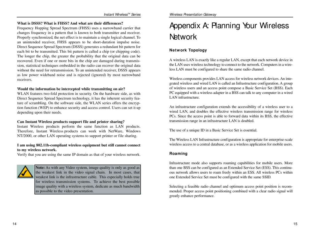 Linksys WPG11 manual Appendix A Planning Your Wireless Network, Instant WirelessTM Series, Wireless Presentation Gateway 