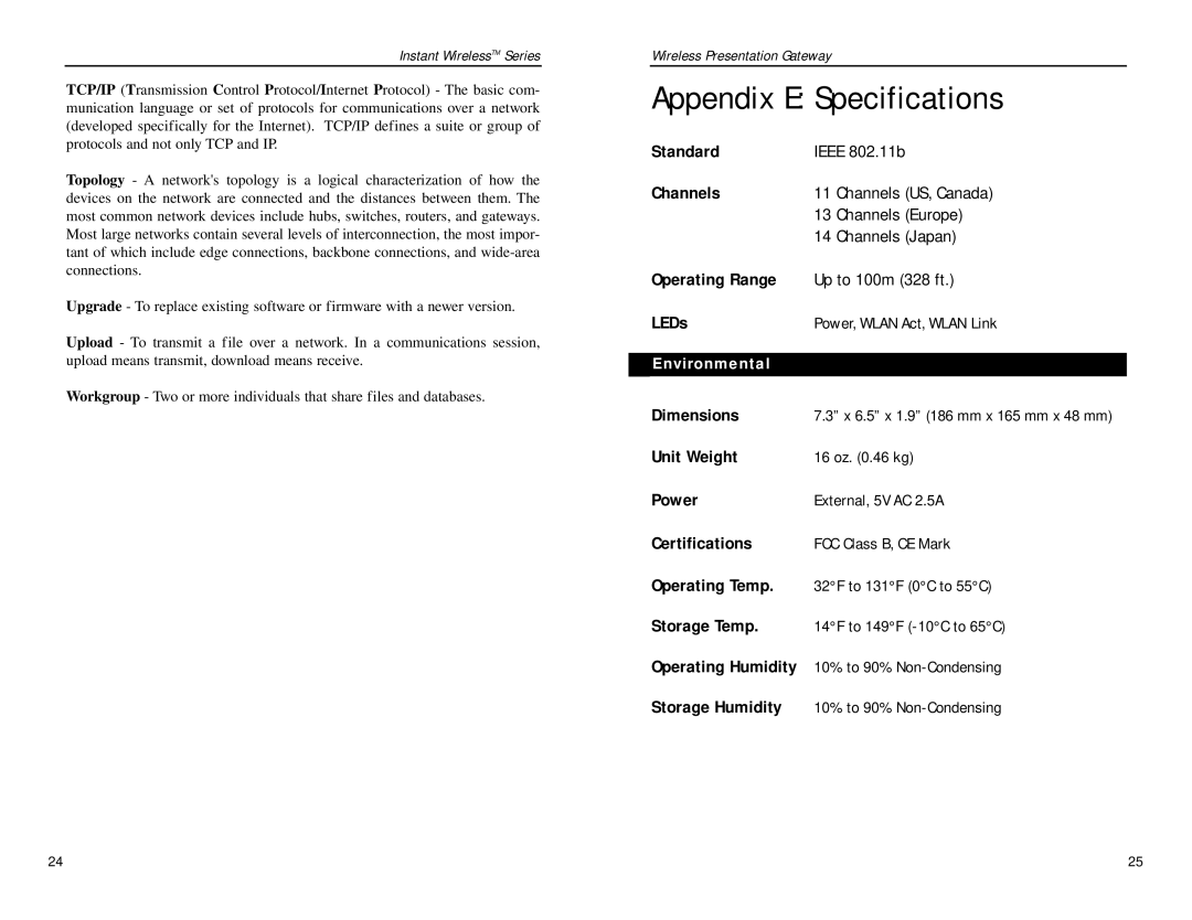 Linksys WPG11 manual Appendix E Specifications 