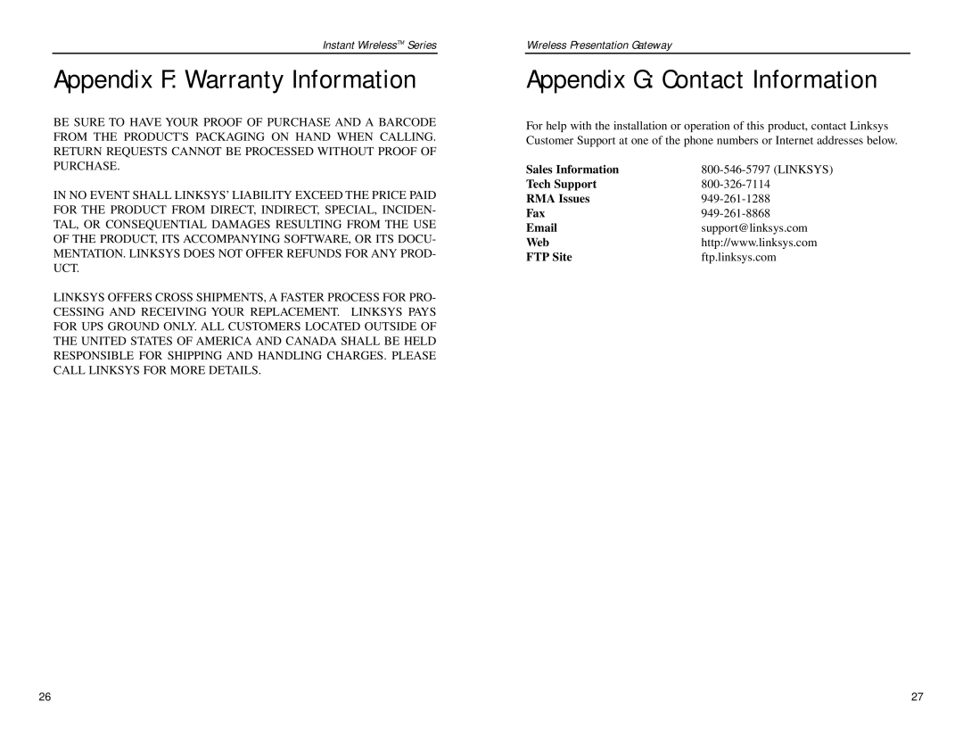 Linksys WPG11 Appendix F Warranty Information, Appendix G Contact Information, Instant WirelessTM Series, Tech Support 