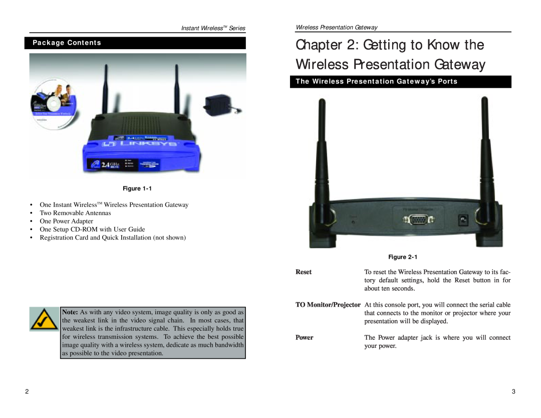 Linksys WPG11 Getting to Know the Wireless Presentation Gateway, Instant WirelessTM Series, Package Contents, Reset, Power 