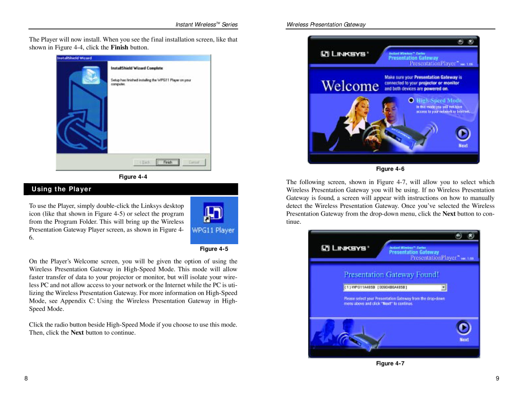 Linksys WPG11 manual Instant WirelessTM Series, Using the Player, Wireless Presentation Gateway 