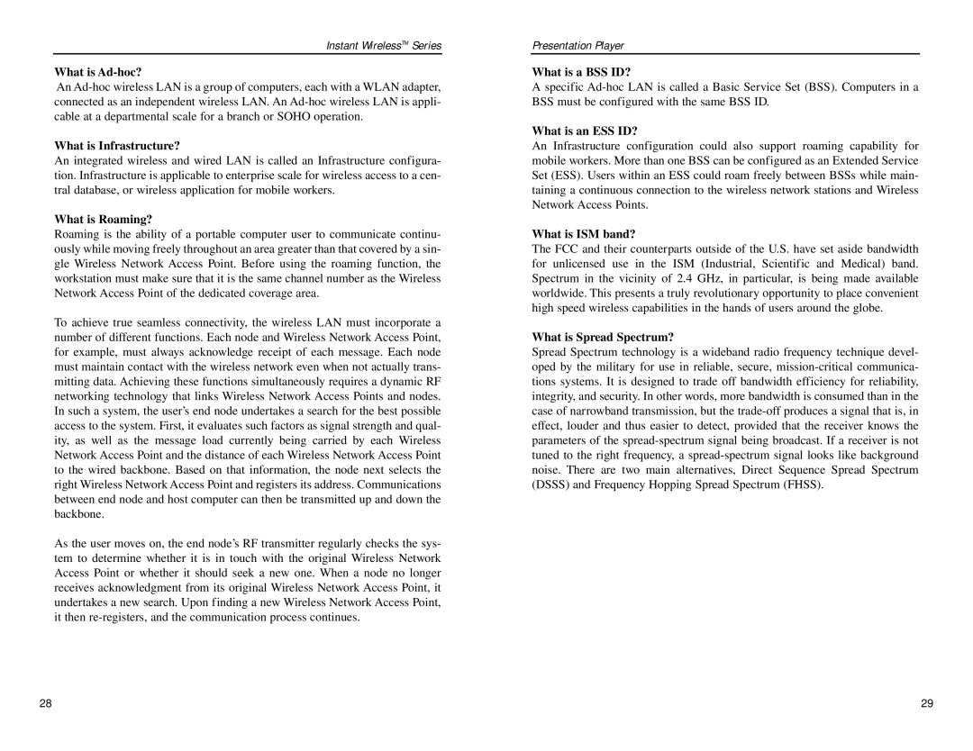 Linksys WPG12 manual What is Ad-hoc?, What is Infrastructure?, What is Roaming?, What is a BSS ID?, What is an ESS ID? 