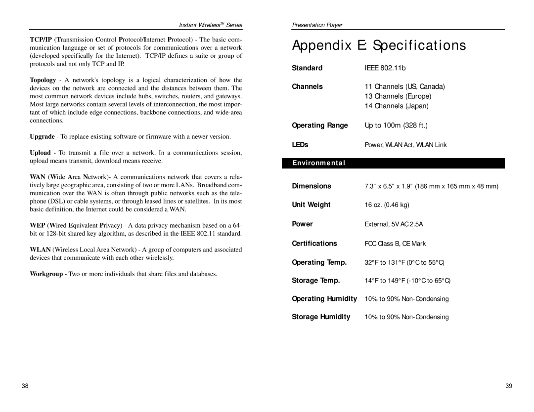 Linksys WPG12 manual Appendix E Specifications 