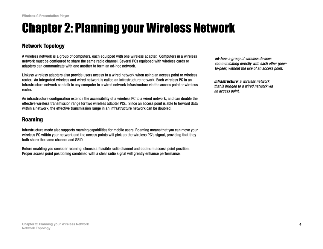 Linksys WPG54G manual Planning your Wireless Network, Network Topology, Roaming 