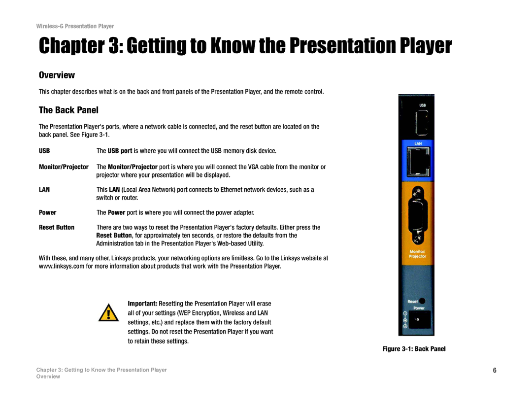 Linksys WPG54G manual Getting to Know the Presentation Player, Overview, Back Panel 