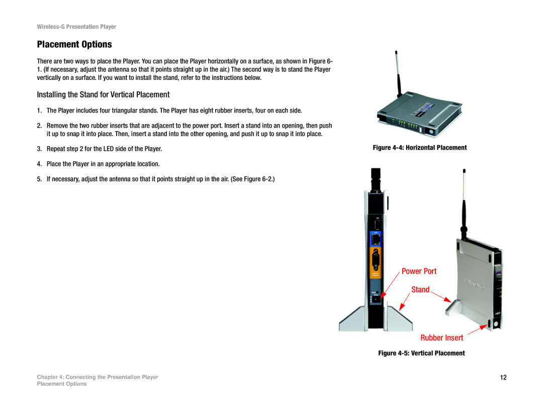 Linksys WPG54G manual Placement Options, Installing the Stand for Vertical Placement 