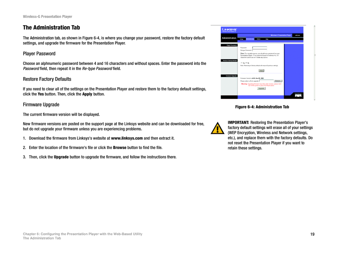 Linksys WPG54G manual Administration Tab, Player Password 