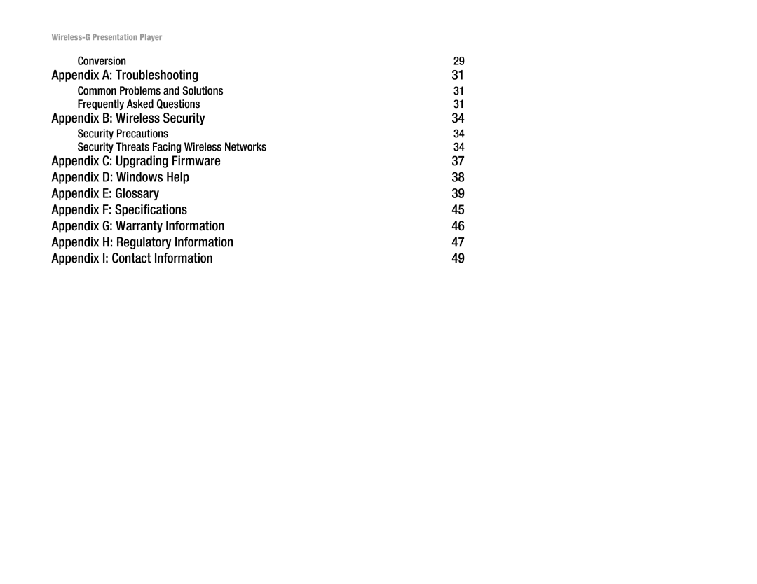 Linksys WPG54G manual Appendix a Troubleshooting, Appendix B Wireless Security 