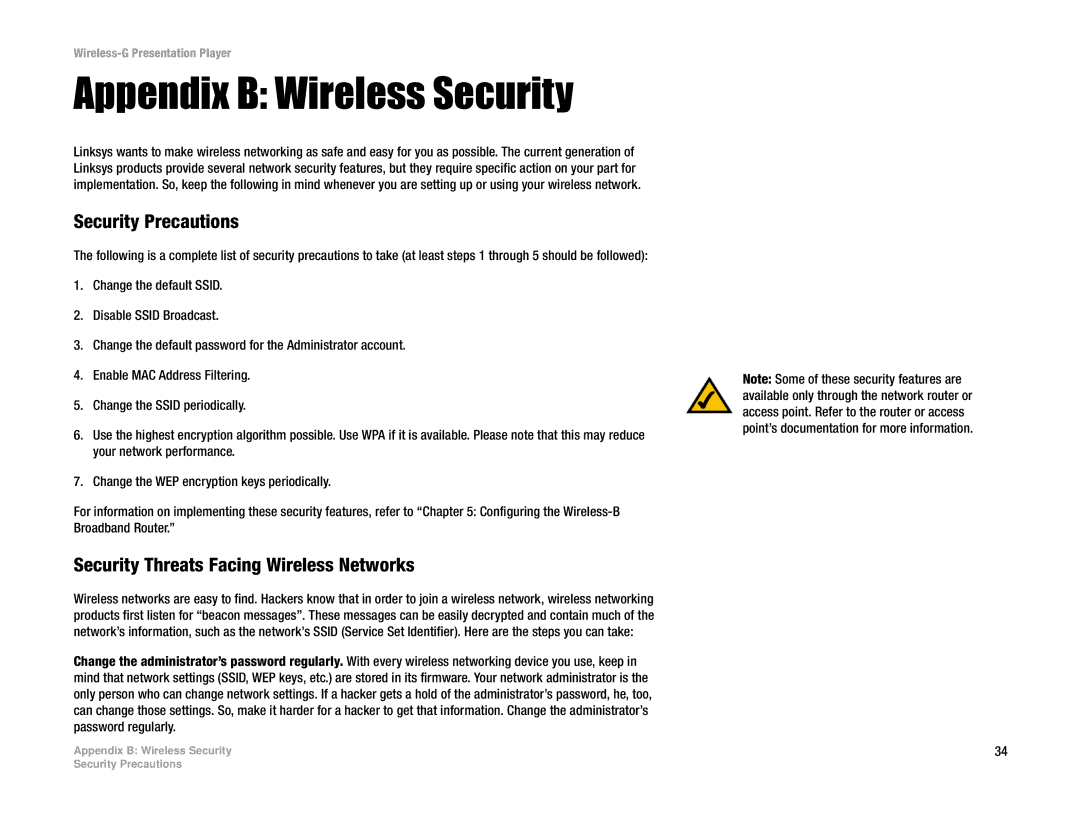 Linksys WPG54G manual Appendix B Wireless Security, Security Precautions, Security Threats Facing Wireless Networks 