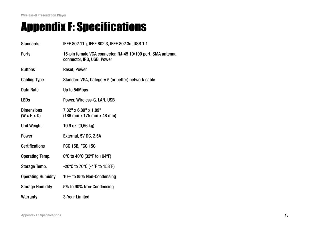 Linksys WPG54G manual Appendix F Specifications 