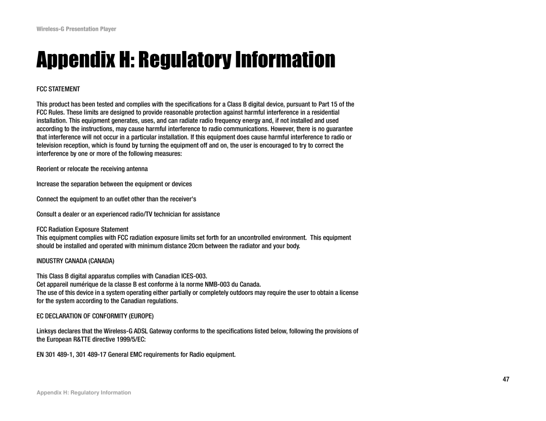 Linksys WPG54G manual Appendix H Regulatory Information, FCC Statement 