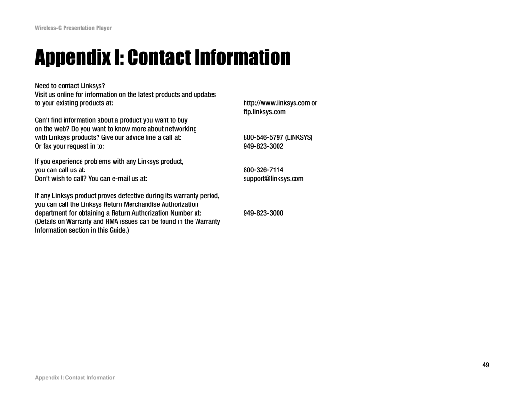 Linksys WPG54G manual Appendix I Contact Information 