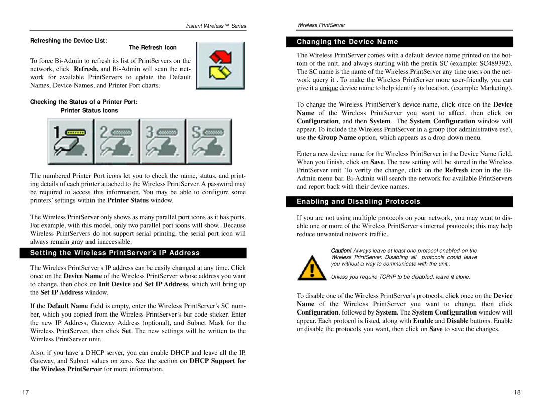 Linksys WPS11 manual Refreshing the Device List Refresh Icon, Checking the Status of a Printer Port Printer Status Icons 