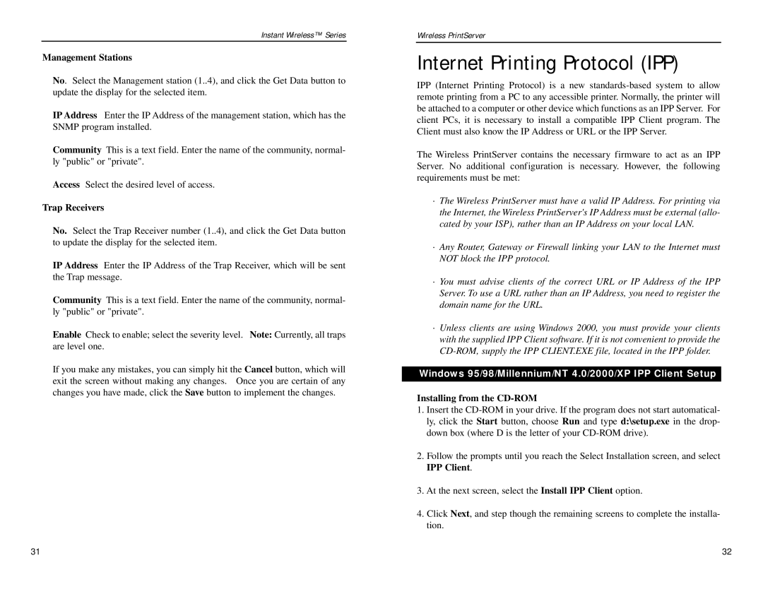 Linksys WPS11 manual Internet Printing Protocol IPP, Management Stations, Trap Receivers, Installing from the CD-ROM 