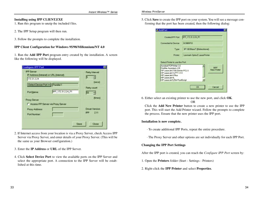 Linksys WPS11 manual Installing using IPP CLIENT.EXE, IPP Client Configuration for Windows 95/98/Millennium/NT 