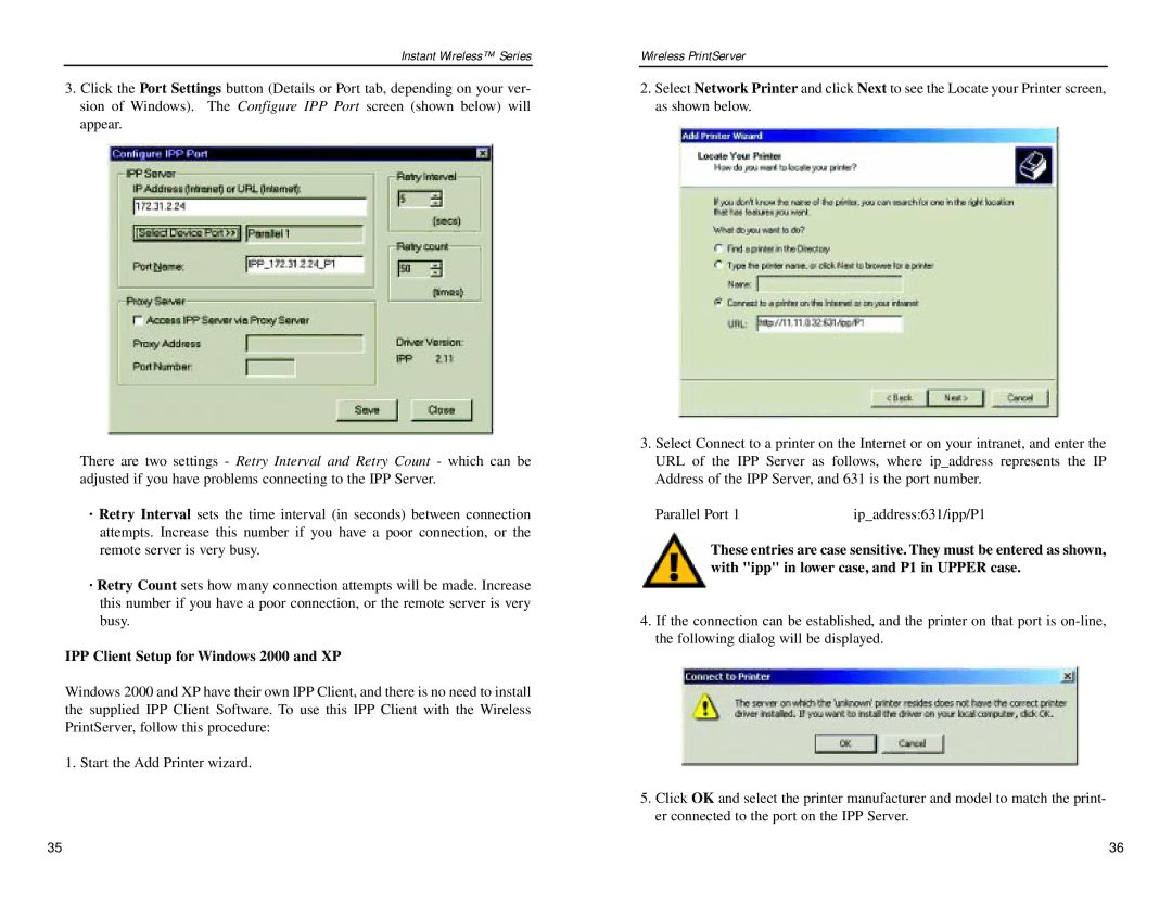 Linksys WPS11 manual IPP Client Setup for Windows 2000 and XP 