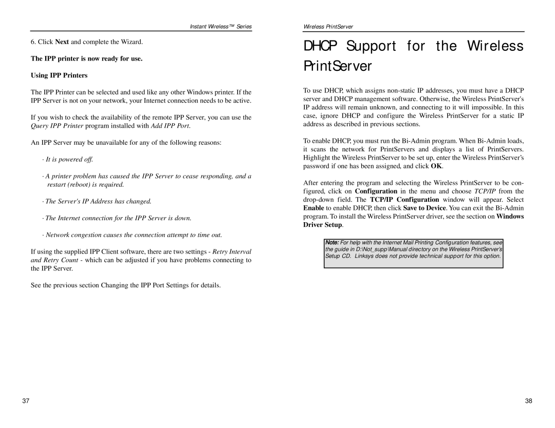 Linksys WPS11 manual Dhcp Support for the Wireless PrintServer, IPP printer is now ready for use Using IPP Printers 