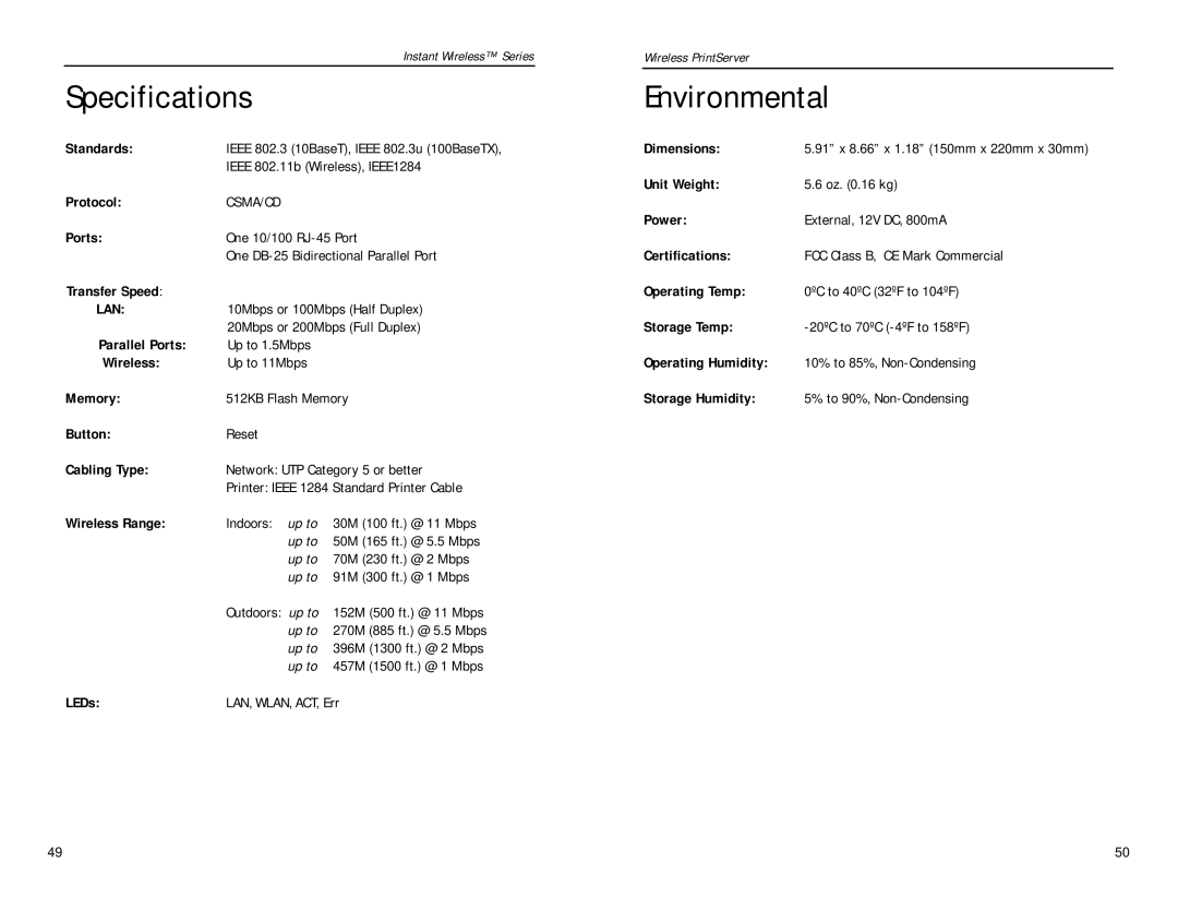 Linksys WPS11 manual Specifications, Environmental 