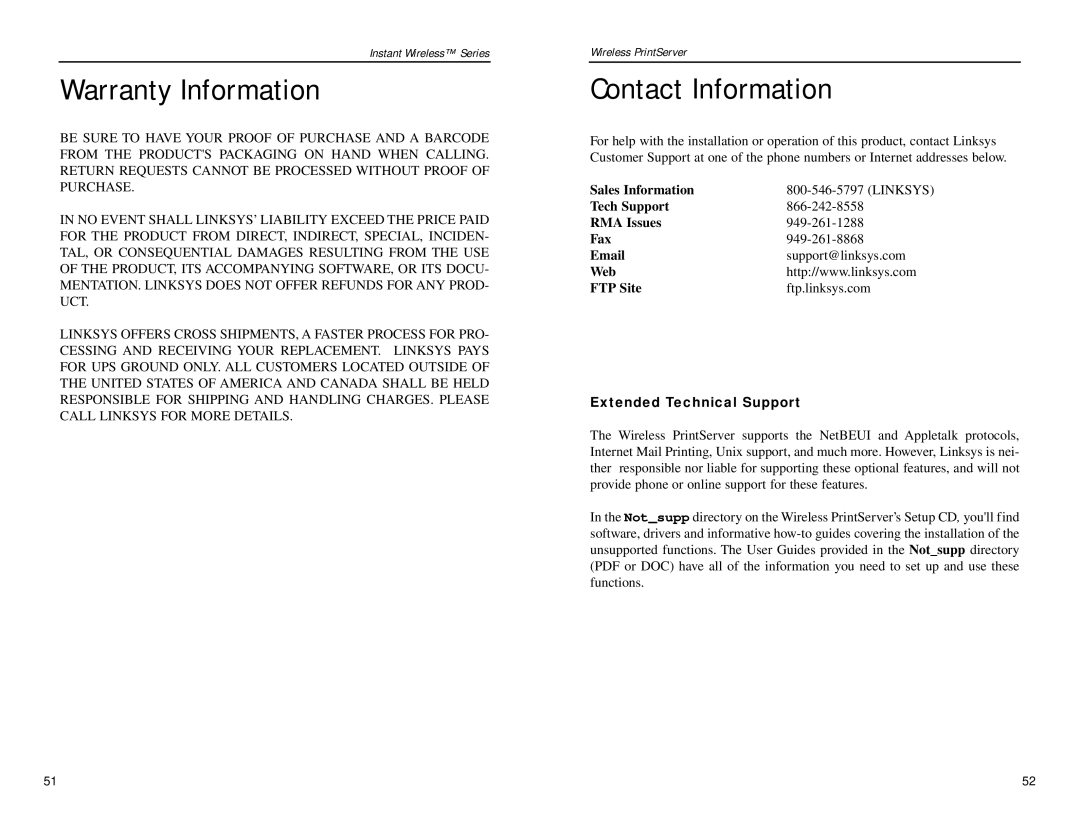 Linksys WPS11 Warranty Information, Contact Information, Sales Information, Tech Support RMA Issues Fax, Web FTP Site 