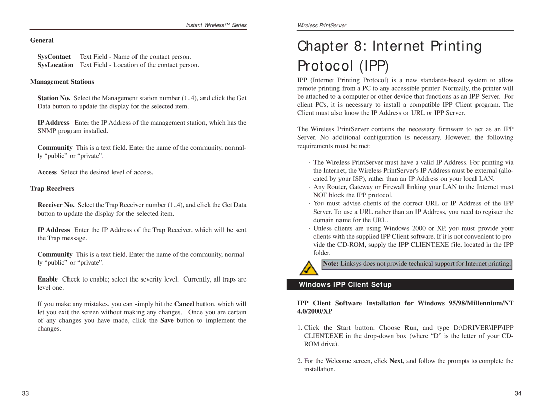 Linksys WPS11 manual Internet Printing Protocol IPP, General, Management Stations, Trap Receivers, Windows IPP Client Setup 