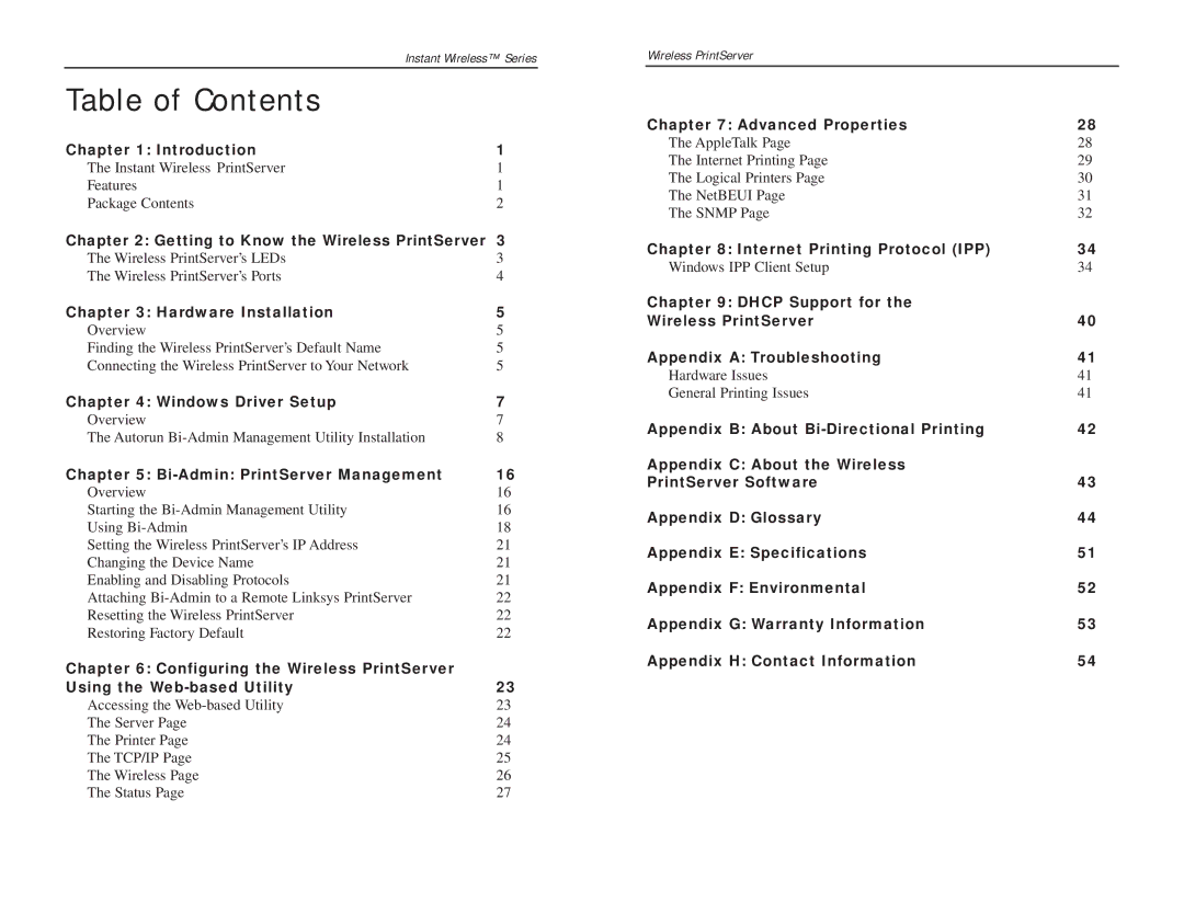 Linksys WPS11 manual Table of Contents 