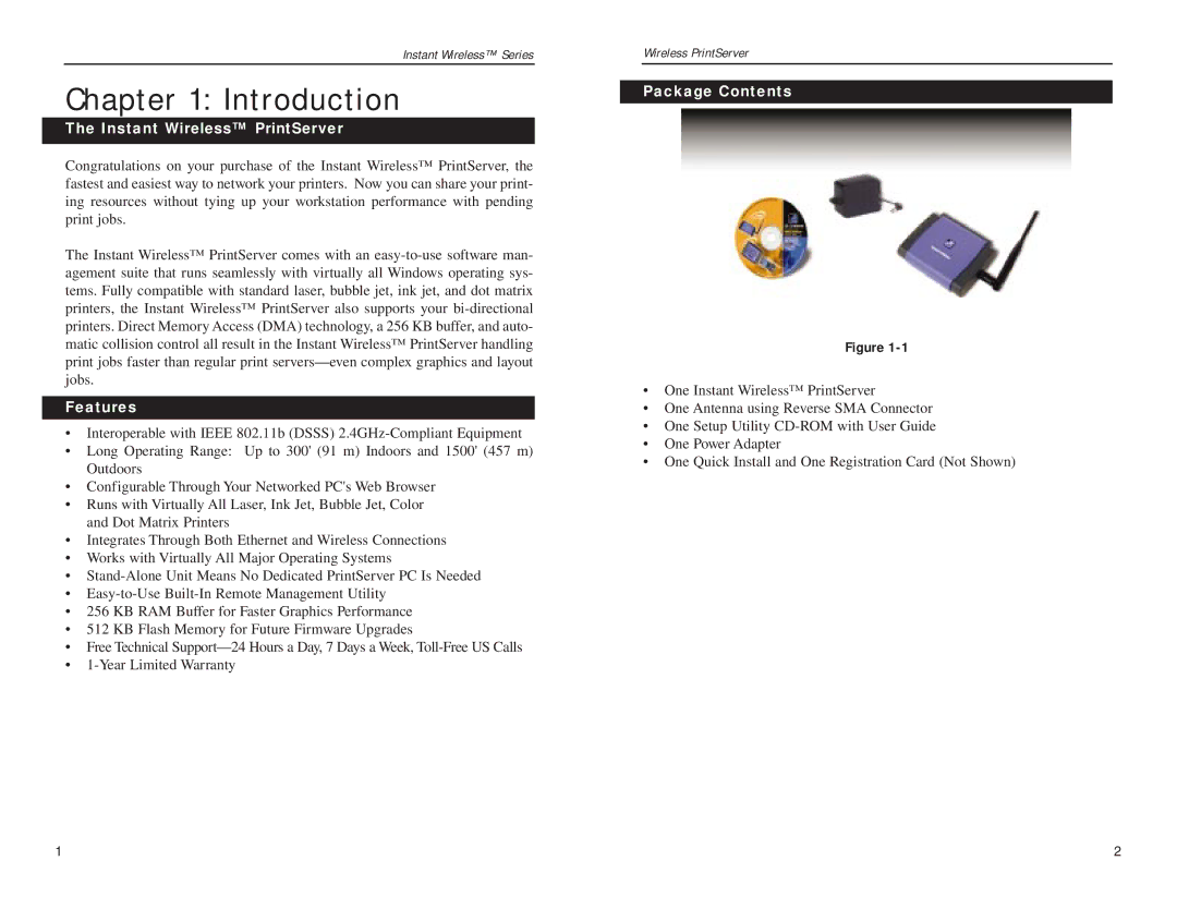 Linksys WPS11 manual Introduction, Instant Wireless PrintServer, Features, Package Contents 