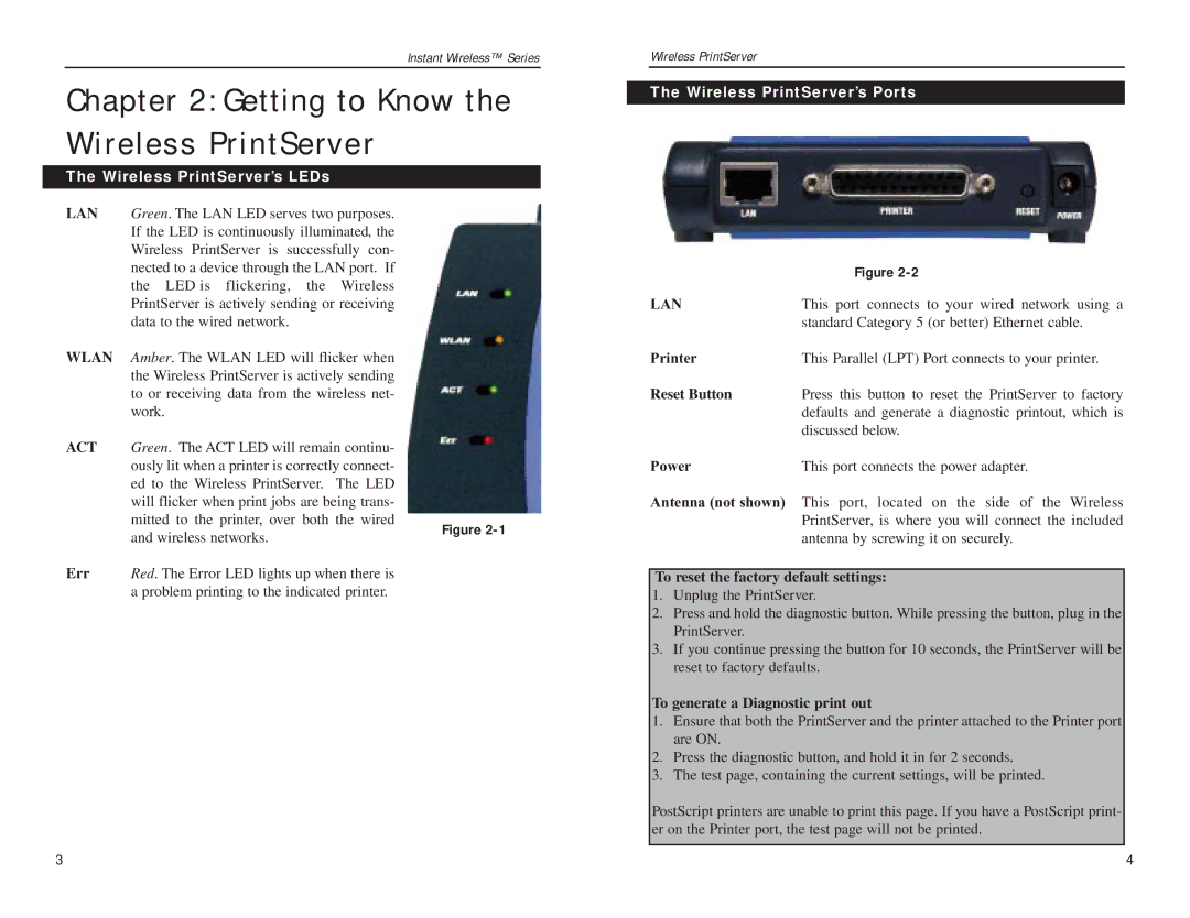 Linksys WPS11 manual Getting to Know the Wireless PrintServer, Wireless PrintServer’s LEDs, Wireless PrintServer’s Ports 