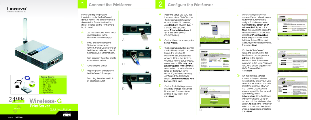 Linksys WPS54G configurationmanual Connect the PrintServer, Configure the PrintServer, PrintServer Setup screen will 