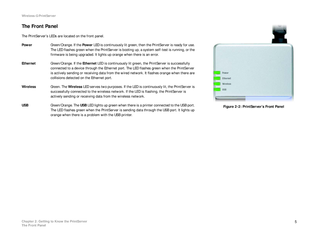 Linksys WPS54G manual Front Panel, PrintServer’s LEDs are located on the front panel Power 