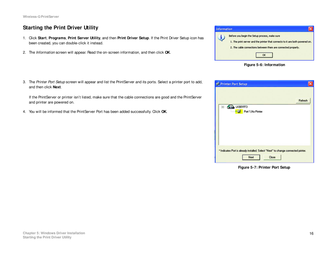 Linksys WPS54G manual Starting the Print Driver Utility, Information 