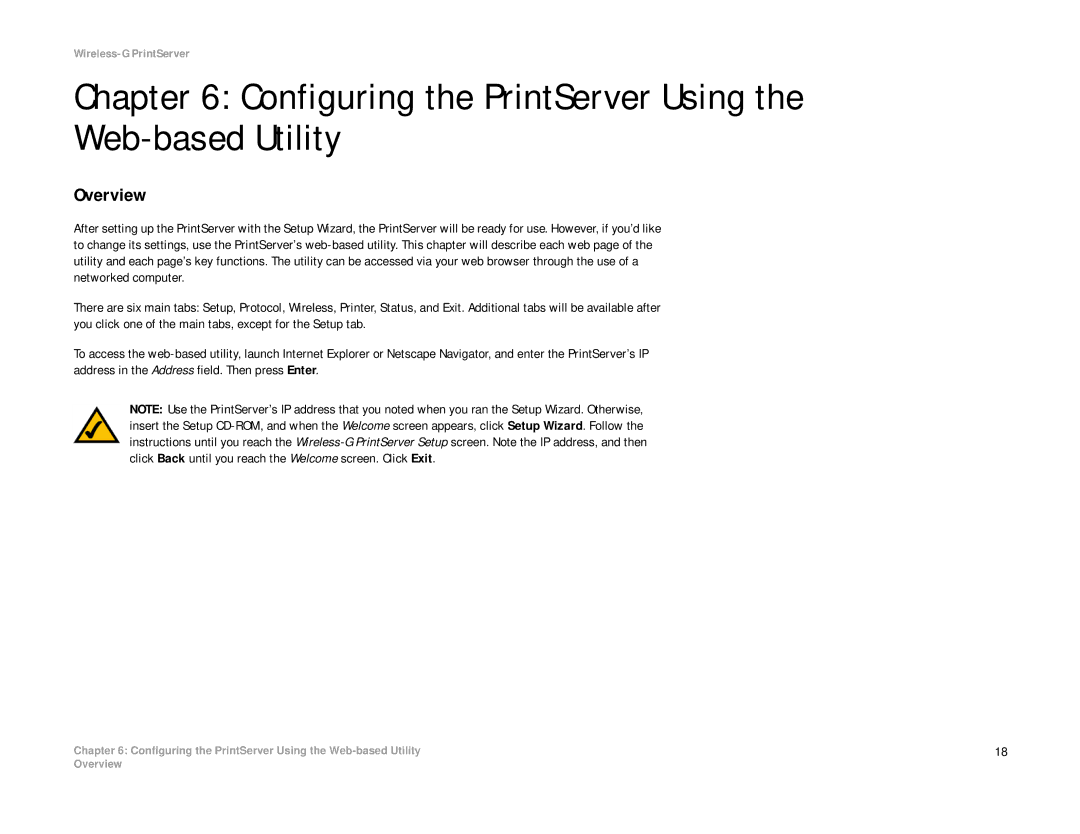 Linksys WPS54G manual Configuring the PrintServer Using the Web-based Utility, Overview 