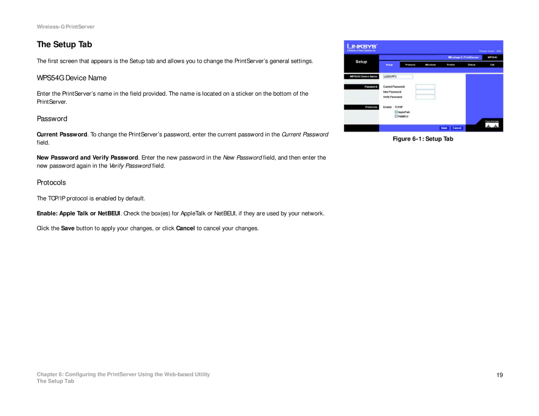 Linksys manual Setup Tab, WPS54G Device Name, Password, Protocols 