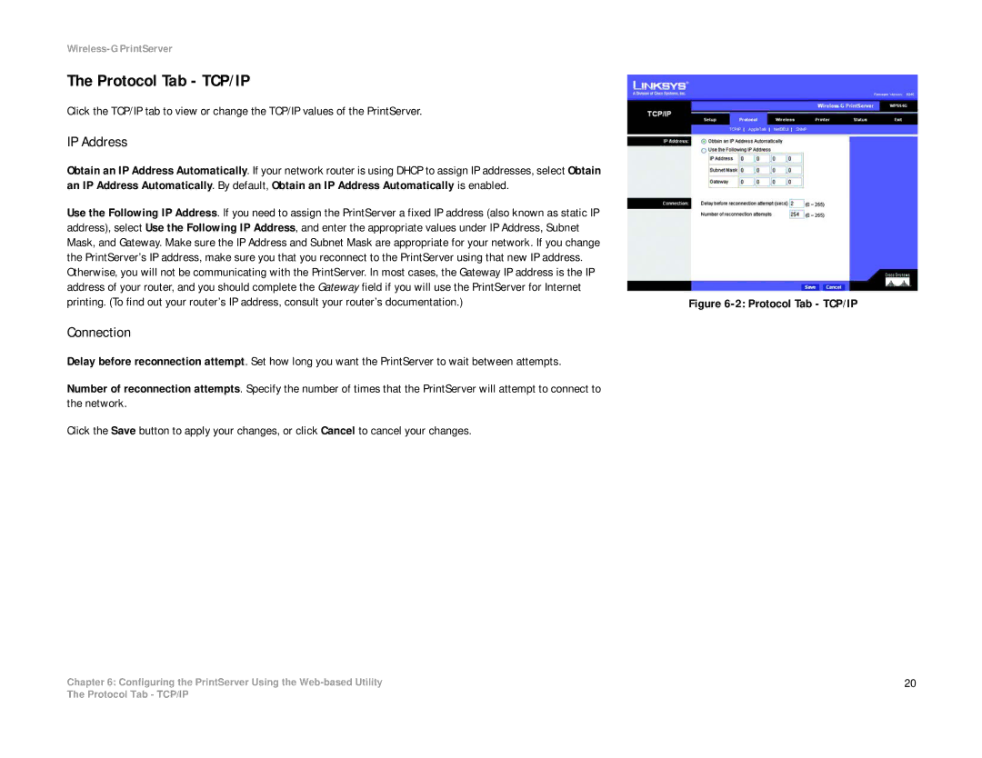 Linksys WPS54G manual Protocol Tab TCP/IP, IP Address, Connection 