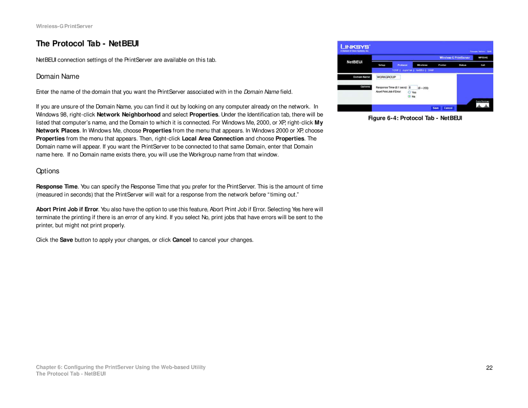 Linksys WPS54G manual Protocol Tab NetBEUI, Domain Name, Options 