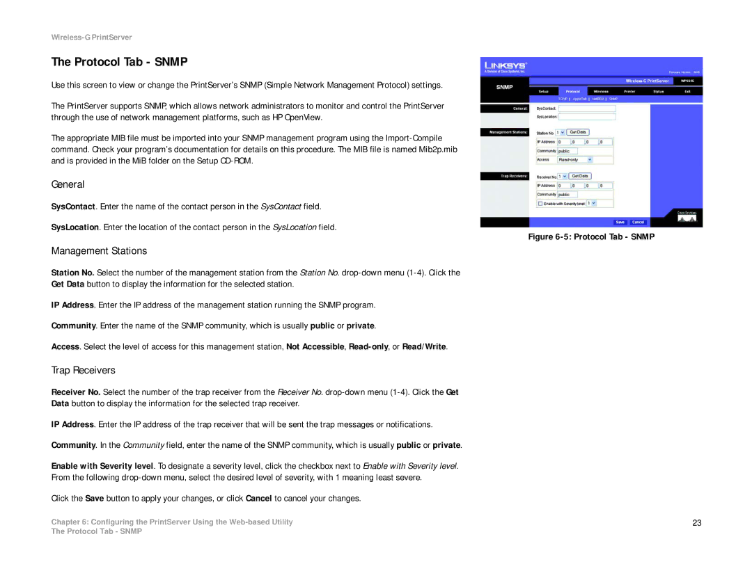 Linksys WPS54G manual Protocol Tab Snmp, General, Management Stations, Trap Receivers 