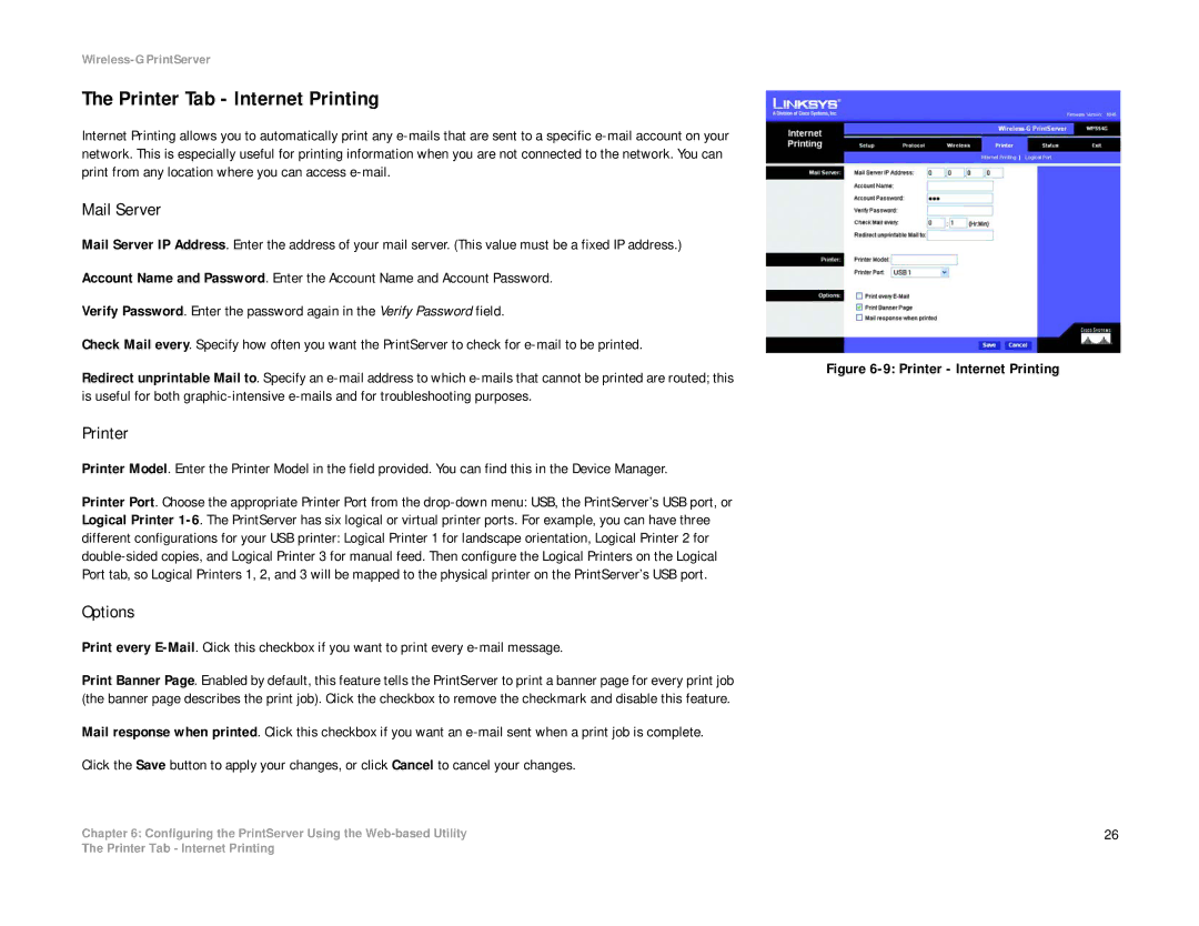 Linksys WPS54G manual Printer Tab Internet Printing, Mail Server 