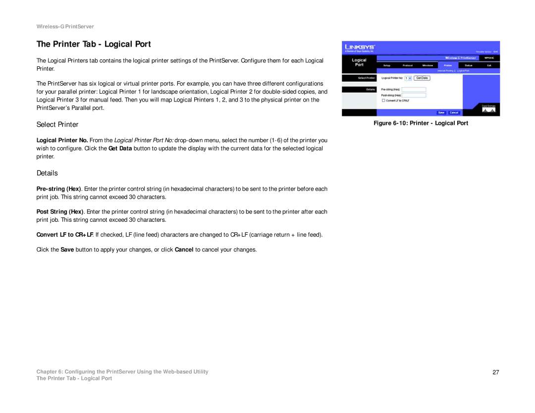 Linksys WPS54G manual Printer Tab Logical Port, Select Printer, Details 