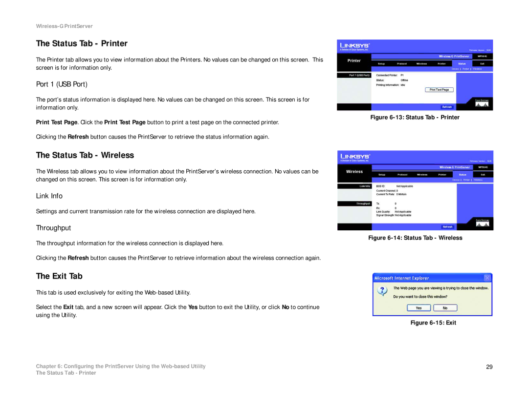 Linksys WPS54G manual Status Tab Printer, Status Tab Wireless, Exit Tab 