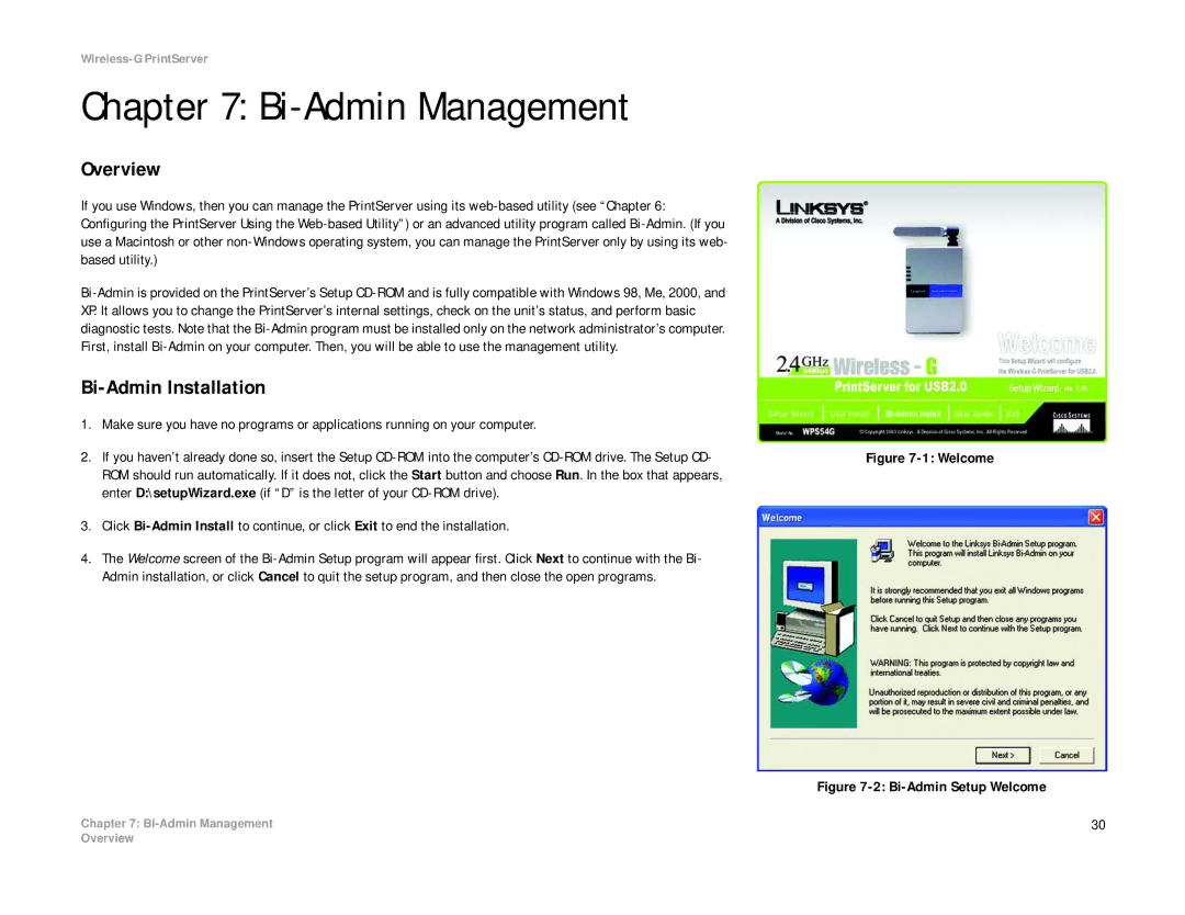 Linksys WPS54G manual Bi-Admin Management, Bi-Admin Installation 