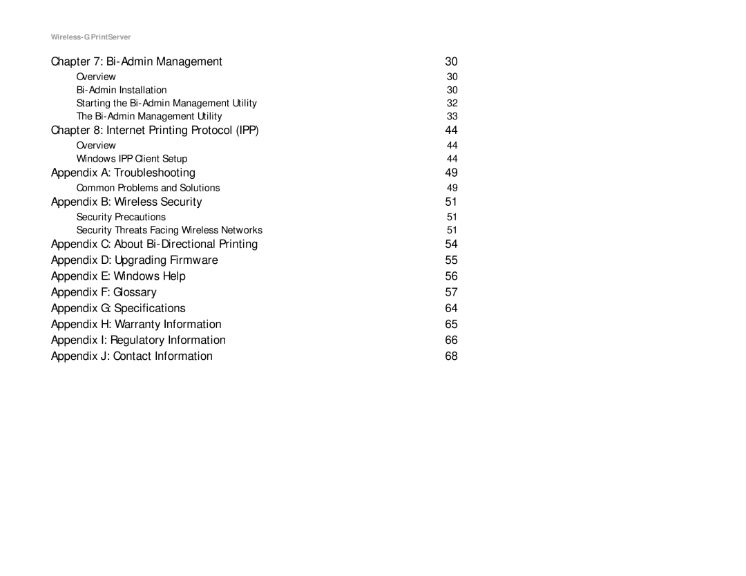 Linksys WPS54G manual Bi-Admin Management, Internet Printing Protocol IPP, Appendix a Troubleshooting 